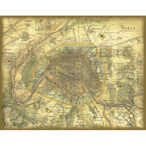 Map of Paris Black Modern Wood Framed Art Print with Double Matting by Vision Studio