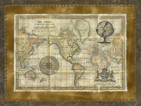 Antique World Map Black Ornate Wood Framed Art Print with Double Matting by Vision Studio