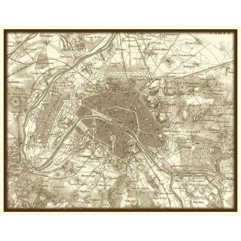 Sepia Map of Paris Gold Ornate Wood Framed Art Print with Double Matting by Vision Studio