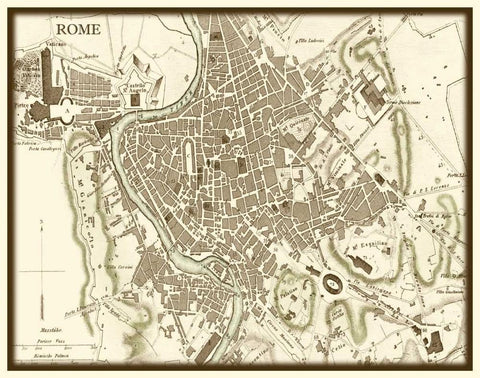 Sepia Map of Rome Black Ornate Wood Framed Art Print with Double Matting by Vision Studio