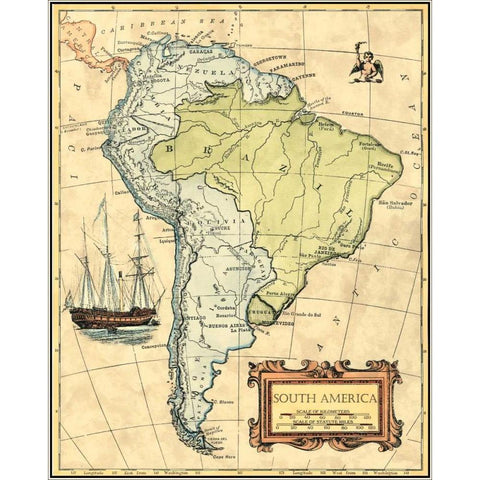 South America Map White Modern Wood Framed Art Print by Vision Studio