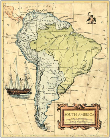 South America Map White Modern Wood Framed Art Print with Double Matting by Vision Studio