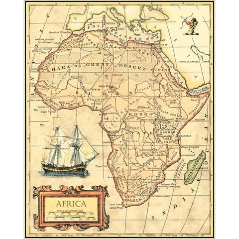 Africa Map Black Modern Wood Framed Art Print with Double Matting by Vision Studio