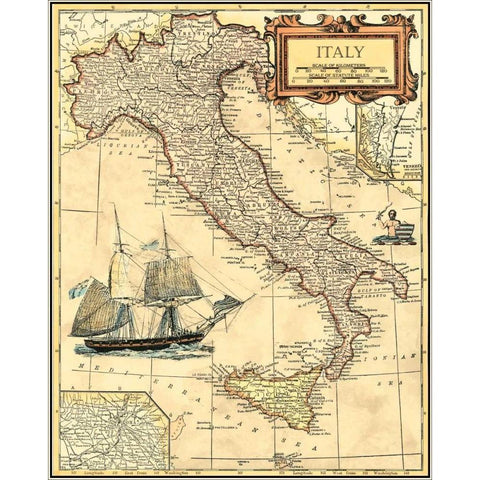 Italy Map Black Modern Wood Framed Art Print with Double Matting by Vision Studio