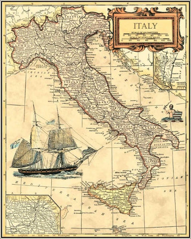 Italy Map Black Ornate Wood Framed Art Print with Double Matting by Vision Studio