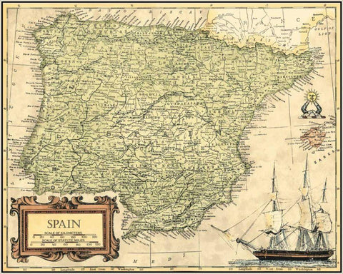 Spain Map Black Ornate Wood Framed Art Print with Double Matting by Vision Studio