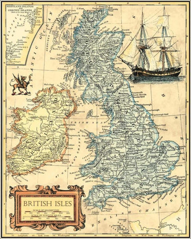 British Isles Map Black Ornate Wood Framed Art Print with Double Matting by Vision Studio