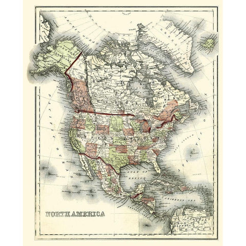 Small Antique Map of North America Gold Ornate Wood Framed Art Print with Double Matting by Johnson