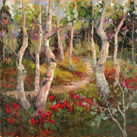 Four Seasons Aspens I Black Modern Wood Framed Art Print with Double Matting by Oleson, Nanette