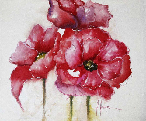Fuchsia Poppies I White Modern Wood Framed Art Print with Double Matting by Herrera, Leticia