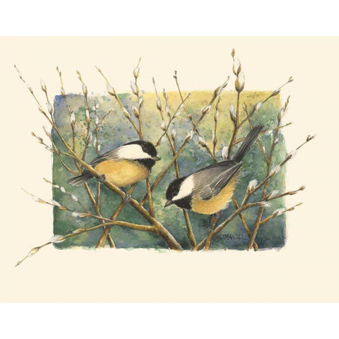 Chickadees and Pussy Willow White Modern Wood Framed Art Print by Mandel, Janet