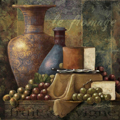 Cheese and Grapes I Black Modern Wood Framed Art Print with Double Matting by Stever, Janet