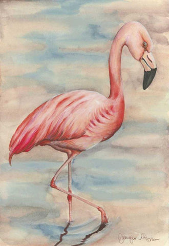 Pink Flamingo I White Modern Wood Framed Art Print with Double Matting by Goldberger, Jennifer