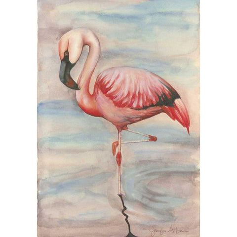 Pink Flamingo II White Modern Wood Framed Art Print by Goldberger, Jennifer