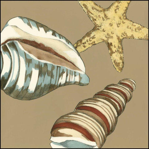 Small Shell Trio on Khaki I White Modern Wood Framed Art Print with Double Matting by Meagher, Megan