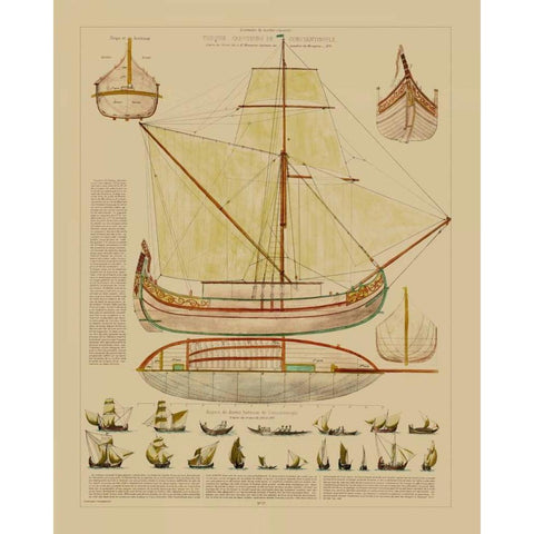 Antique Ship Plan I Gold Ornate Wood Framed Art Print with Double Matting by Vision Studio