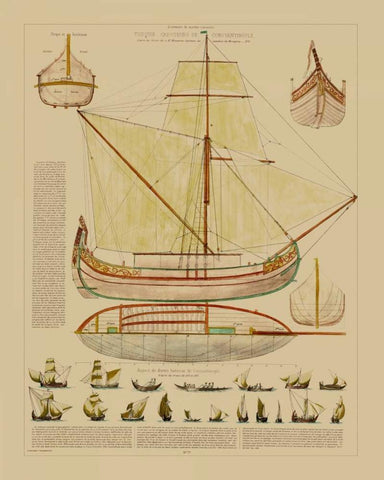 Antique Ship Plan I Black Ornate Wood Framed Art Print with Double Matting by Vision Studio