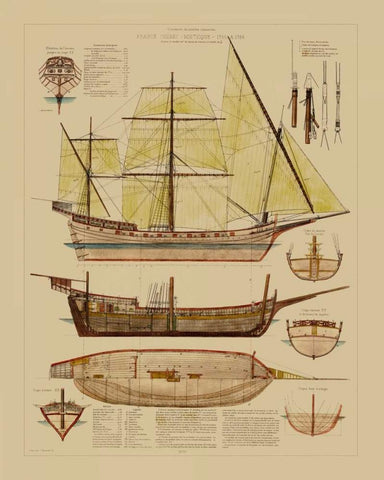 Antique Ship Plan II Black Ornate Wood Framed Art Print with Double Matting by Vision Studio