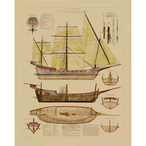 Antique Ship Plan II Gold Ornate Wood Framed Art Print with Double Matting by Vision Studio