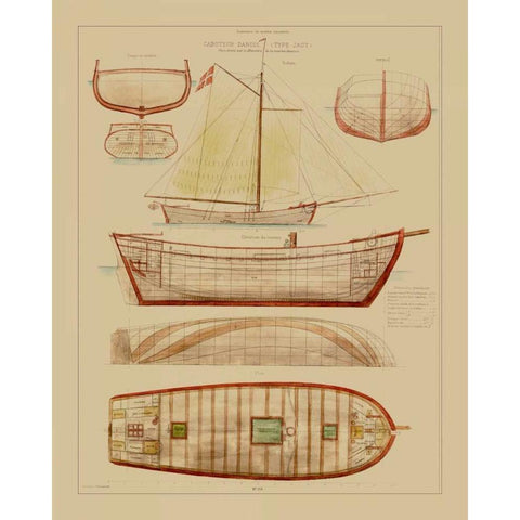 Antique Ship Plan III Gold Ornate Wood Framed Art Print with Double Matting by Vision Studio