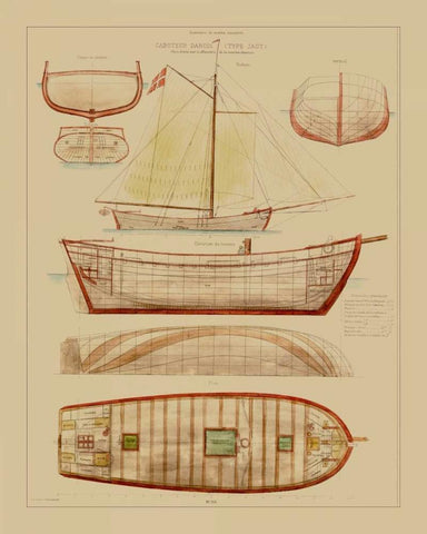 Antique Ship Plan III White Modern Wood Framed Art Print with Double Matting by Vision Studio