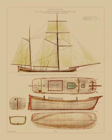 Antique Ship Plan IV White Modern Wood Framed Art Print with Double Matting by Vision Studio