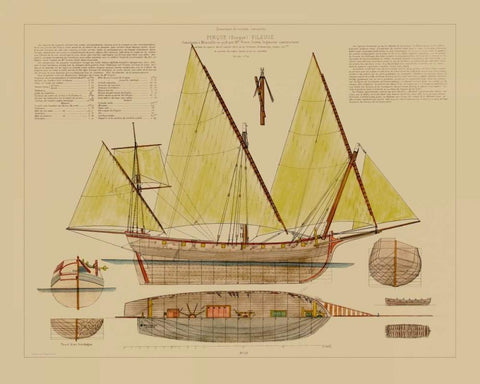 Antique Ship Plan V White Modern Wood Framed Art Print with Double Matting by Vision Studio