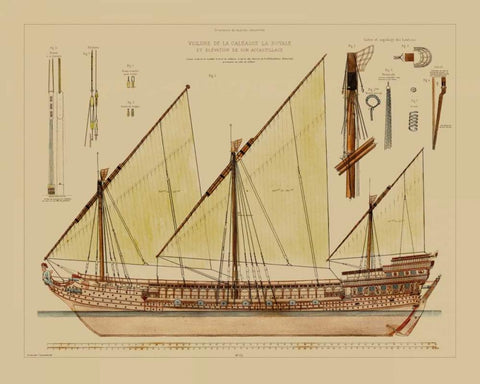 Antique Ship Plan VI White Modern Wood Framed Art Print with Double Matting by Vision Studio