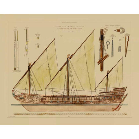 Antique Ship Plan VI Gold Ornate Wood Framed Art Print with Double Matting by Vision Studio