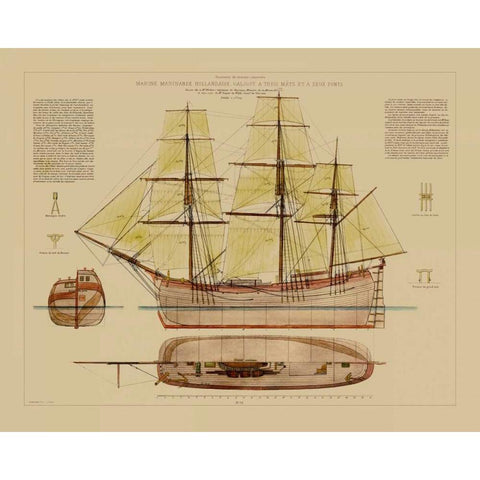 Antique Ship Plan VII Gold Ornate Wood Framed Art Print with Double Matting by Vision Studio