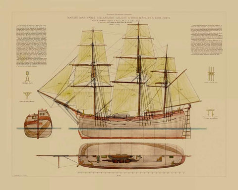 Antique Ship Plan VII White Modern Wood Framed Art Print with Double Matting by Vision Studio