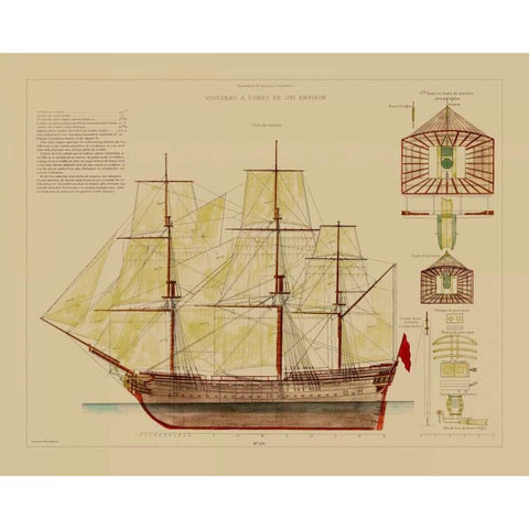 Antique Ship Plan VIII Black Modern Wood Framed Art Print with Double Matting by Vision Studio