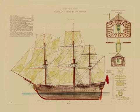 Antique Ship Plan VIII Black Ornate Wood Framed Art Print with Double Matting by Vision Studio