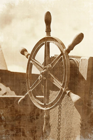 Sepia Ships Wheel I White Modern Wood Framed Art Print with Double Matting by Vision Studio