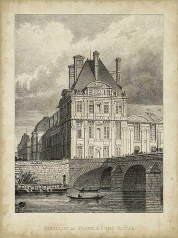 Pavillon de Flore and Pont Royal Black Ornate Wood Framed Art Print with Double Matting by Pugin, A.