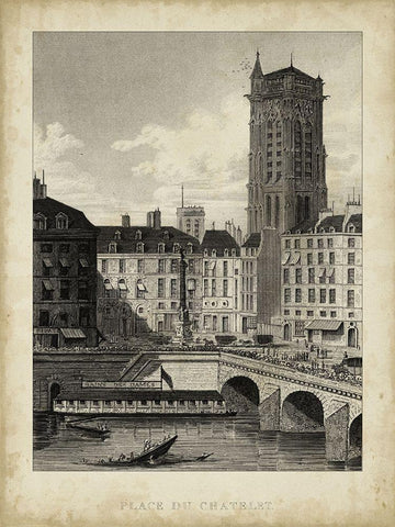 Place du Chatelet Black Ornate Wood Framed Art Print with Double Matting by Pugin, A.