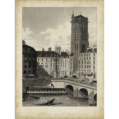 Place du Chatelet Black Modern Wood Framed Art Print with Double Matting by Pugin, A.