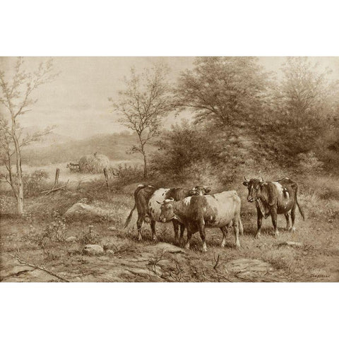 Grazing Cattle Gold Ornate Wood Framed Art Print with Double Matting by Riecke, George