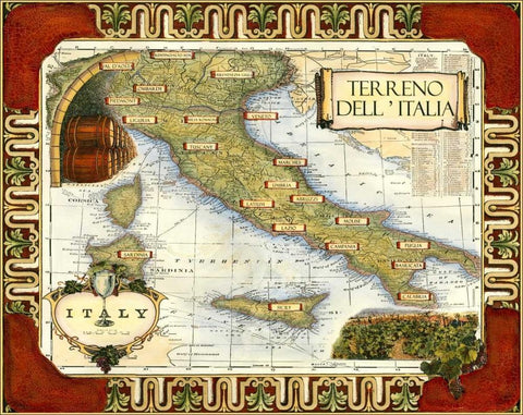 Wine Map of Italy on CGP White Modern Wood Framed Art Print with Double Matting by Unknown