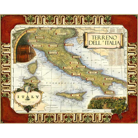 Wine Map of Italy on CGP Black Modern Wood Framed Art Print with Double Matting by Unknown