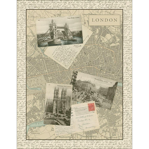 Vintage Map of London Black Modern Wood Framed Art Print with Double Matting by Vision Studio