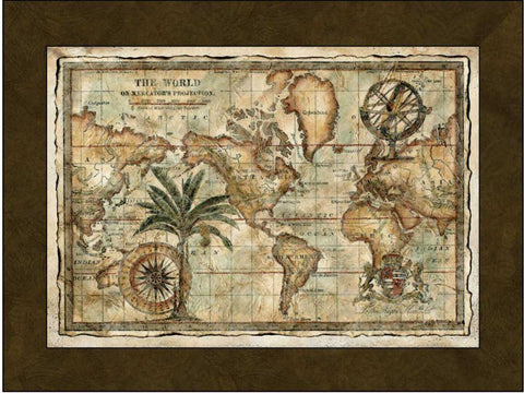 World Map with Globe  Black Ornate Wood Framed Art Print with Double Matting by Unknown