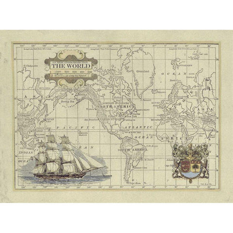 Antique Map of the World Gold Ornate Wood Framed Art Print with Double Matting by Vision Studio