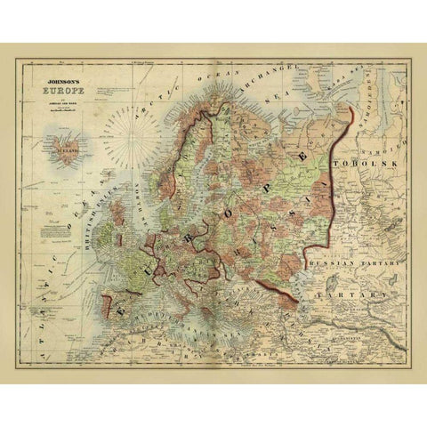 Antique Map of Europe  White Modern Wood Framed Art Print by Johnson