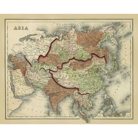 Antique Map of Asia White Modern Wood Framed Art Print by Johnson