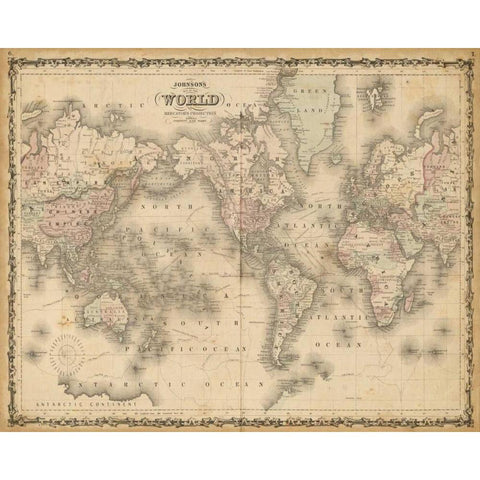 Johnsons Map of the World White Modern Wood Framed Art Print by Johnson