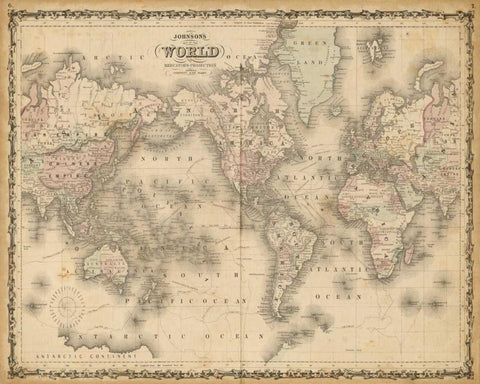 Johnsons Map of the World Black Ornate Wood Framed Art Print with Double Matting by Johnson