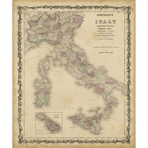 Johnsons Map of Italy Gold Ornate Wood Framed Art Print with Double Matting by Johnson