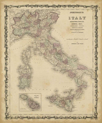 Johnsons Map of Italy Black Ornate Wood Framed Art Print with Double Matting by Johnson