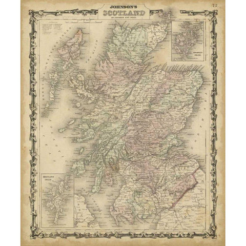 Johnsons Map of Scotland Gold Ornate Wood Framed Art Print with Double Matting by Johnson